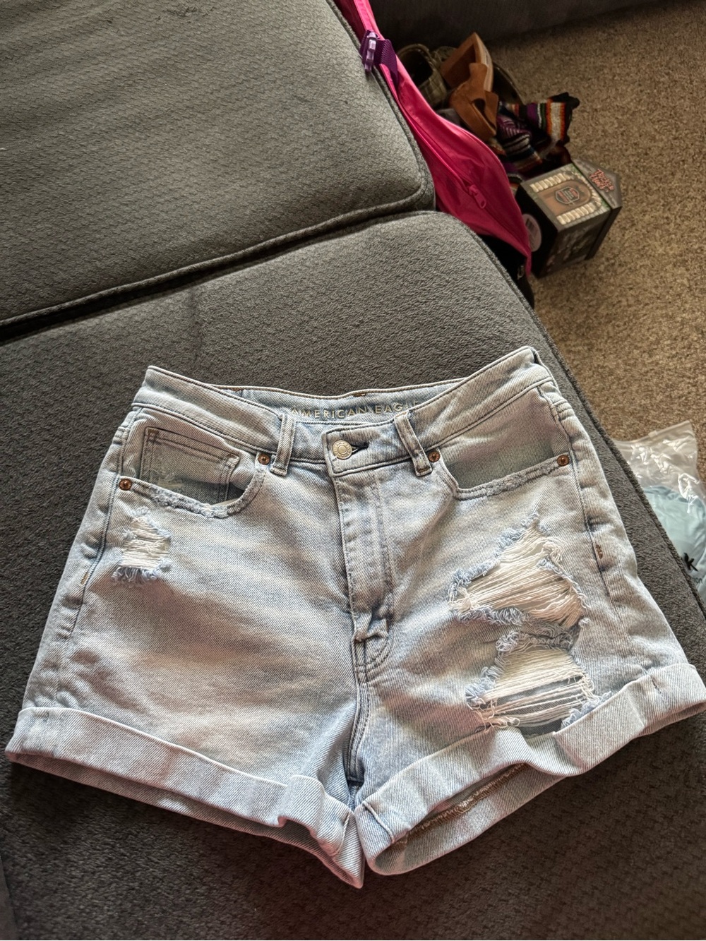 American Eagle Outfitters Light Blue Distressed High-Rise Denim Shorts